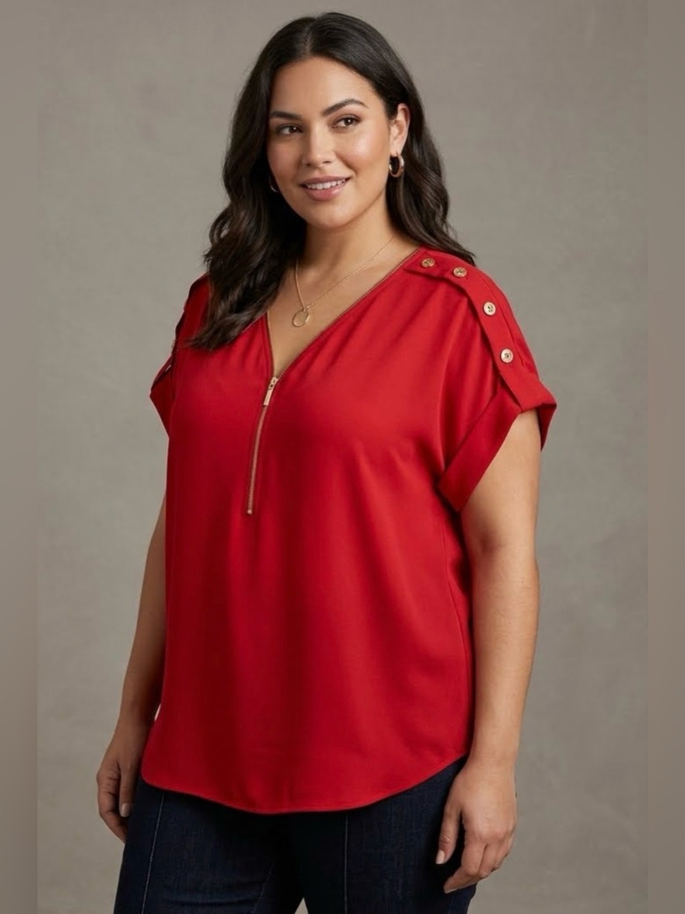 Plus-Size Red Zip Front Short Sleeve Blouse with Shoulder Button Detail